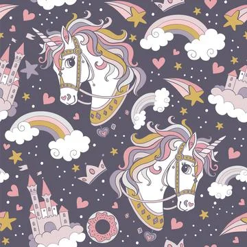 Seamless pattern cute unicorns heads and castle vector Stock Illustration