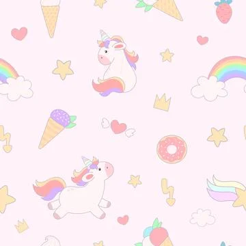 Seamless pattern with cute unicorns, hearts, rainbows, doughnuts and other el Stock Illustration