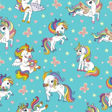 Seamless pattern cute unicorns with rainbow mane vector イラスト素材