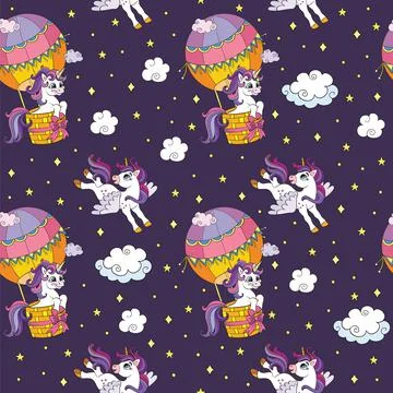 Seamless pattern cute unicorns in the sky vector Illustrazione stock