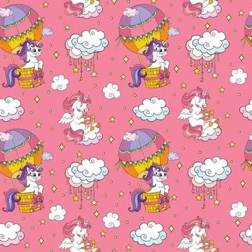 Seamless pattern cute unicorns in the sky vector pink Stock Illustration