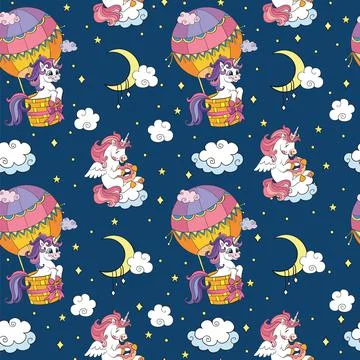 Seamless pattern cute unicorns in the sky vector navy Stock Illustration