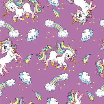 Seamless pattern cute unicorns in the sky vector purple Illustrazione stock