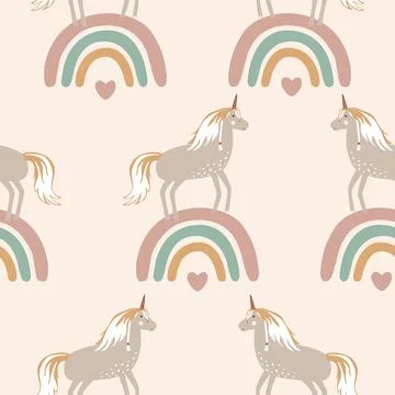 Seamless pattern with cute unicorns standing on rainbows. Design baby textile Illustrazione stock