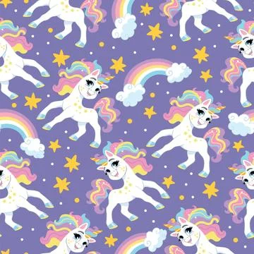 Seamless pattern with cute unicorns on a starry sky vector Stock Illustration