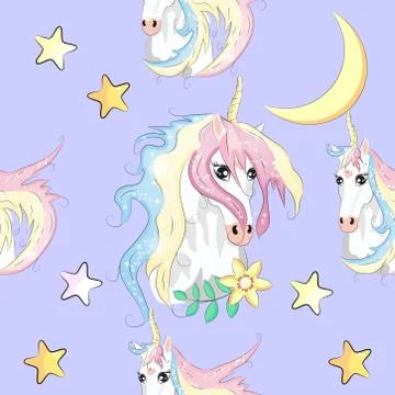 Seamless pattern with cute unicorns, stars, hearts, rainbow, moon, doodle abs Illustrazione stock