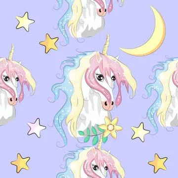 Seamless pattern with cute unicorns, stars, hearts, rainbow, moon, doodle abs Illustrazione stock