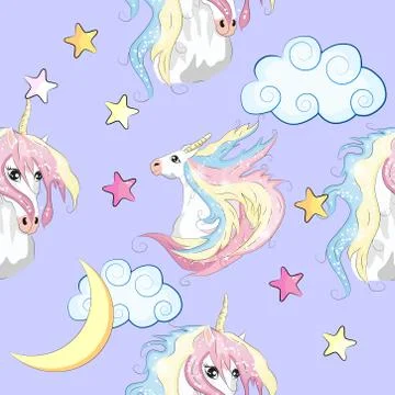 Seamless pattern with cute unicorns, stars, hearts, rainbow, moon, doodle abs Illustrazione stock
