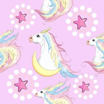 Seamless pattern with cute unicorns, stars, hearts, rainbow, moon, doodle abs Illustrazione stock