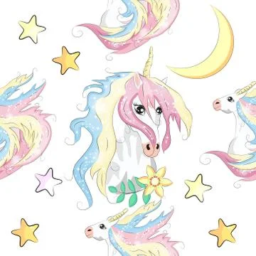 Seamless pattern with cute unicorns, stars, hearts, rainbow, moon, doodle abs Stock Illustration