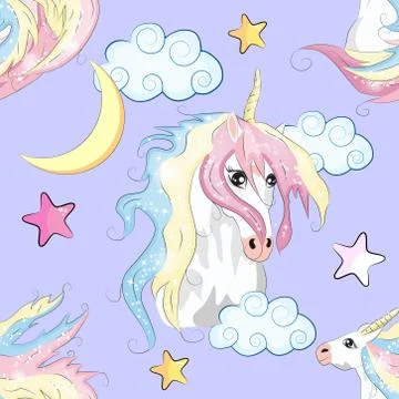 Seamless pattern with cute unicorns, stars, hearts, rainbow, moon, doodle abs イラスト素材