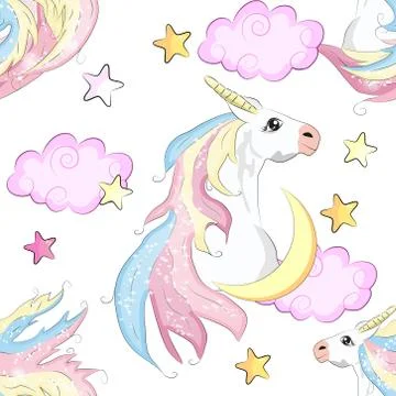 Seamless pattern with cute unicorns, stars, hearts, rainbow, moon, doodle abs Stock Illustration
