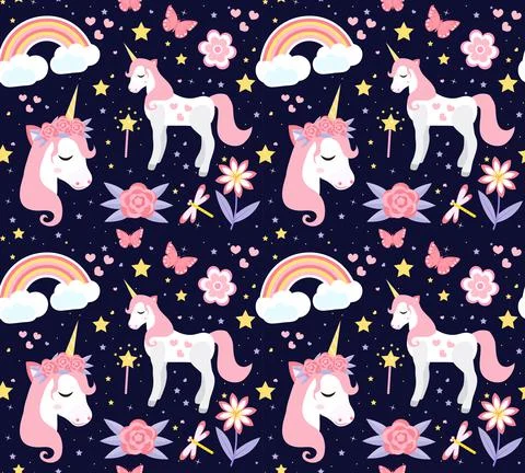 Seamless pattern with cute unicorns, stars, hearts, rainbow, moon, doodle Illustrazione stock