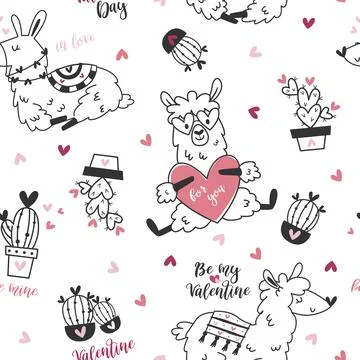 Seamless pattern with cute Valentine's day llamas. Illustrazione stock