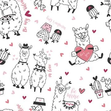Seamless pattern with cute Valentine's day llamas. Stock Illustration