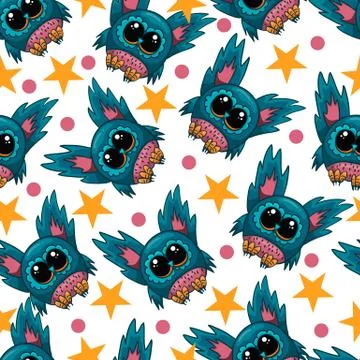 Seamless pattern with cute vector owl in cartoon style Stock Illustration