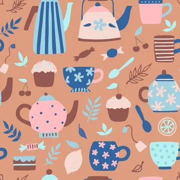 Seamless pattern with cute vintage tea cups, teapots and kettles. Hand draw.. Illustrazione stock