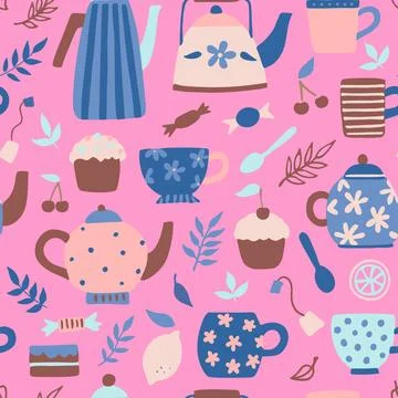 Seamless pattern with cute vintage tea cups, teapots and kettles. Hand draw.. Stock Illustration