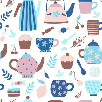 Seamless pattern with cute vintage tea cups, teapots and kettles. Hand draw.. Stock Illustration