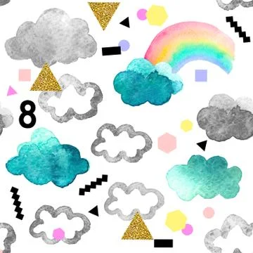 Seamless pattern with cute watercolor clouds Stock Illustration