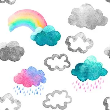 Seamless pattern with cute watercolor clouds Stock Illustration