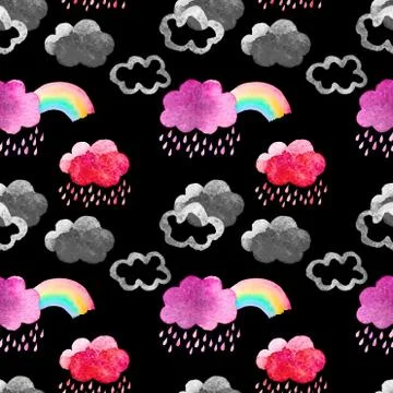 Seamless pattern with cute watercolor clouds Stock Illustration