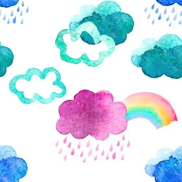 Seamless pattern with cute watercolor clouds Stock Illustration