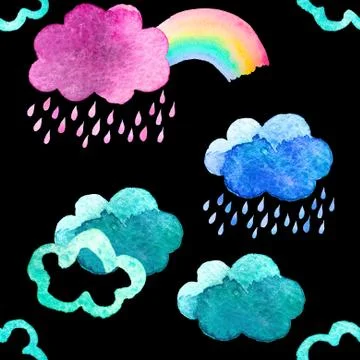 Seamless pattern with cute watercolor clouds Stock Illustration