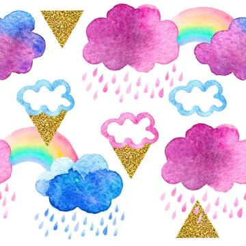 Seamless pattern with cute watercolor clouds Stock Illustration
