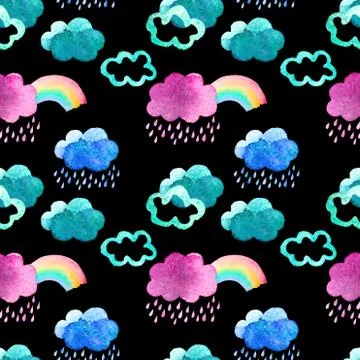 Seamless pattern with cute watercolor clouds Stock Illustration