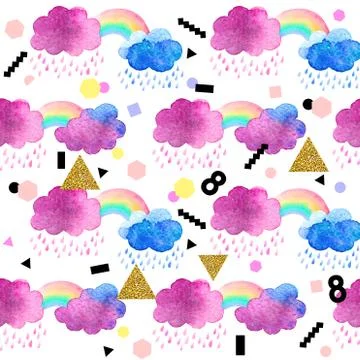 Seamless pattern with cute watercolor clouds Stock Illustration