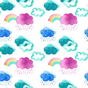 Seamless pattern with cute watercolor clouds Stock Illustration