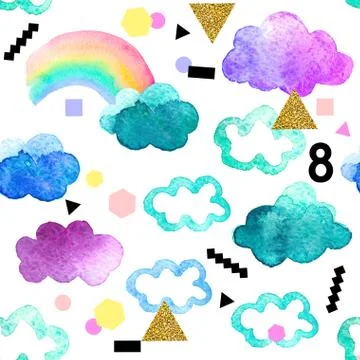 Seamless pattern with cute watercolor clouds Stockillustratie