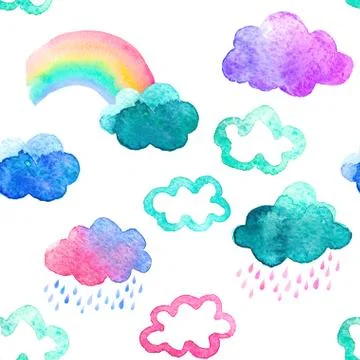 Seamless pattern with cute watercolor clouds Stock Illustration
