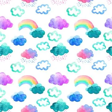Seamless pattern with cute watercolor clouds Stock Illustration