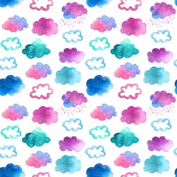 Seamless pattern with cute watercolor clouds Stock Illustration