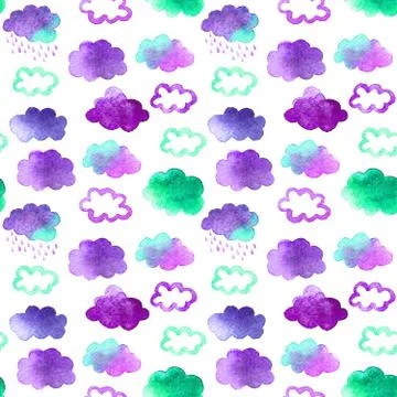 Seamless pattern with cute watercolor clouds Stock Illustration