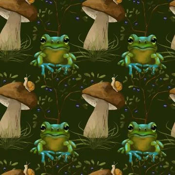 Seamless pattern with cute watercolor forest frog, mushroom, and snail on dark Illustrazione stock