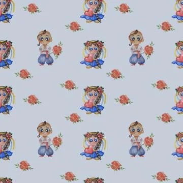 Seamless pattern. Cute watercolor illustrations. Ukrainian boy with a rose and a Stockillustratie