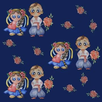 Seamless pattern. Cute watercolor illustrations. Children a boy with a rose and Stock Illustration