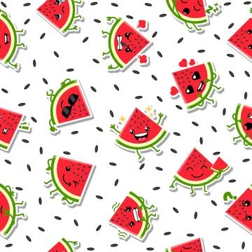 Seamless Pattern with Cute Watermelon Emotion Stickers on White Stock Illustration