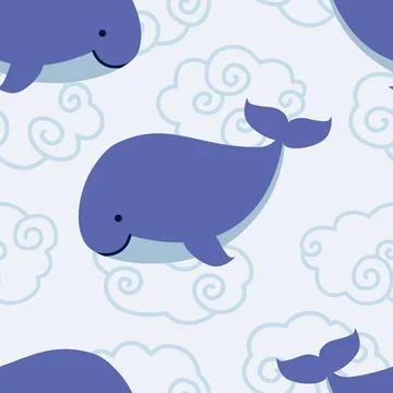 Seamless pattern with cute whale in clouds on blue background. Seamless pa... Stock Photos