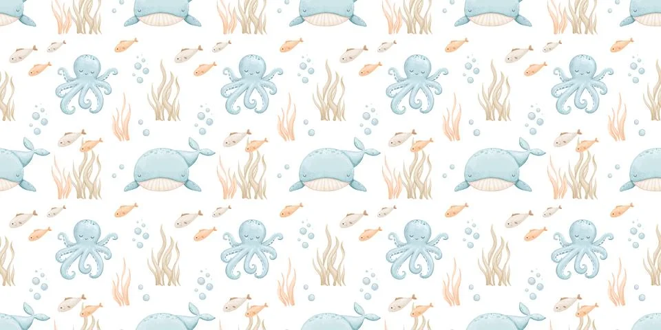Seamless pattern with cute whale, octopus, watercolor hand drawn isolated rep Stock Illustration