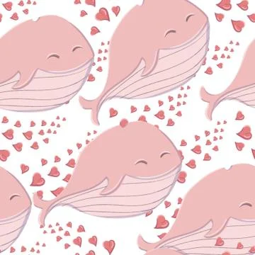 Seamless pattern cute whale in the sea with hearts in the style of a cartoon. Stock Illustration