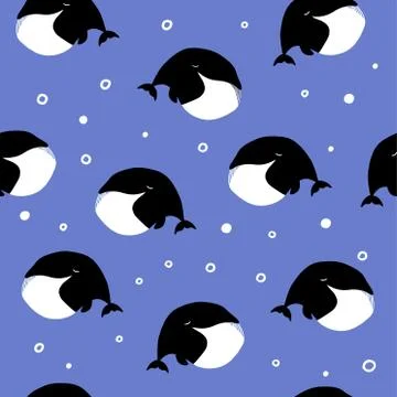 Seamless Pattern with Cute Whales and Blue Background. Vector Illustration. Can Illustrazione stock