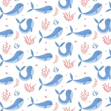 Seamless pattern with cute whales and seaweeds. Stock Illustration