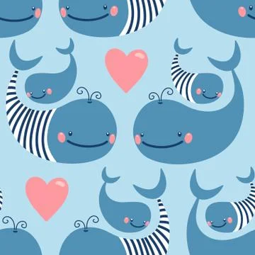 Seamless pattern with cute whales. Illustrazione stock