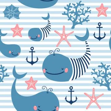 Seamless pattern with cute whales. Illustrazione stock