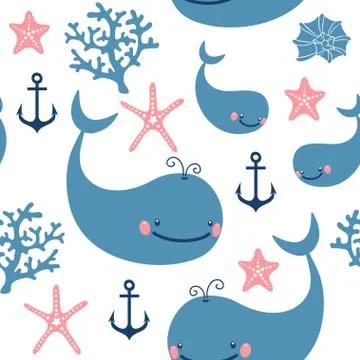 Seamless pattern with cute whales. 스톡 일러스트