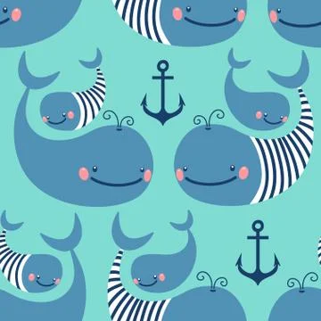 Seamless pattern with cute whales. Stock Illustration